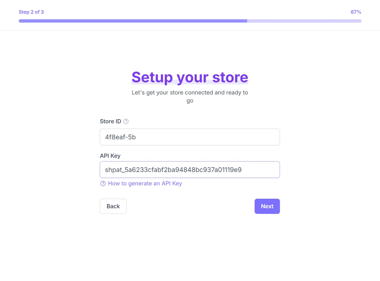 Step 2: Enter store ID and API key